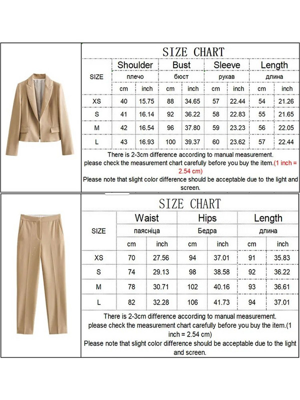 TRAF Moteriškas švarkas, 2023 m. rudens prašmatnus biuro kostiumas su moteriškomis kišenėmis ilgomis rankovėmis, trumpomis paltomis, užtrauktuku tiesios kelnės, 2 vnt.