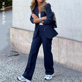 Waytobele ženski blejzer odijelo jesen zima uredski stil jednobojni rever prugasti otisnuti s džepovima gornji dio na kopčanje široki kompleti hlača