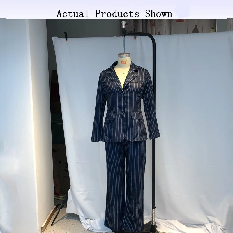 Waytobele ženski blejzer odijelo jesen zima uredski stil jednobojni rever prugasti otisnuti s džepovima gornji dio na kopčanje široki kompleti hlača