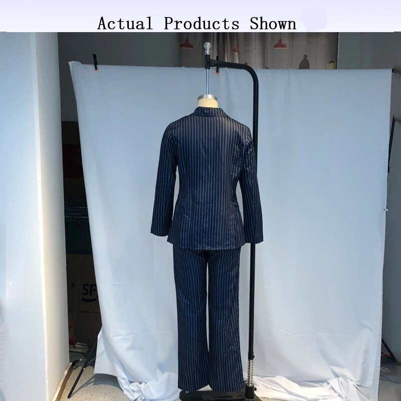 Waytobele ženski blejzer odijelo jesen zima uredski stil jednobojni rever prugasti otisnuti s džepovima gornji dio na kopčanje široki kompleti hlača