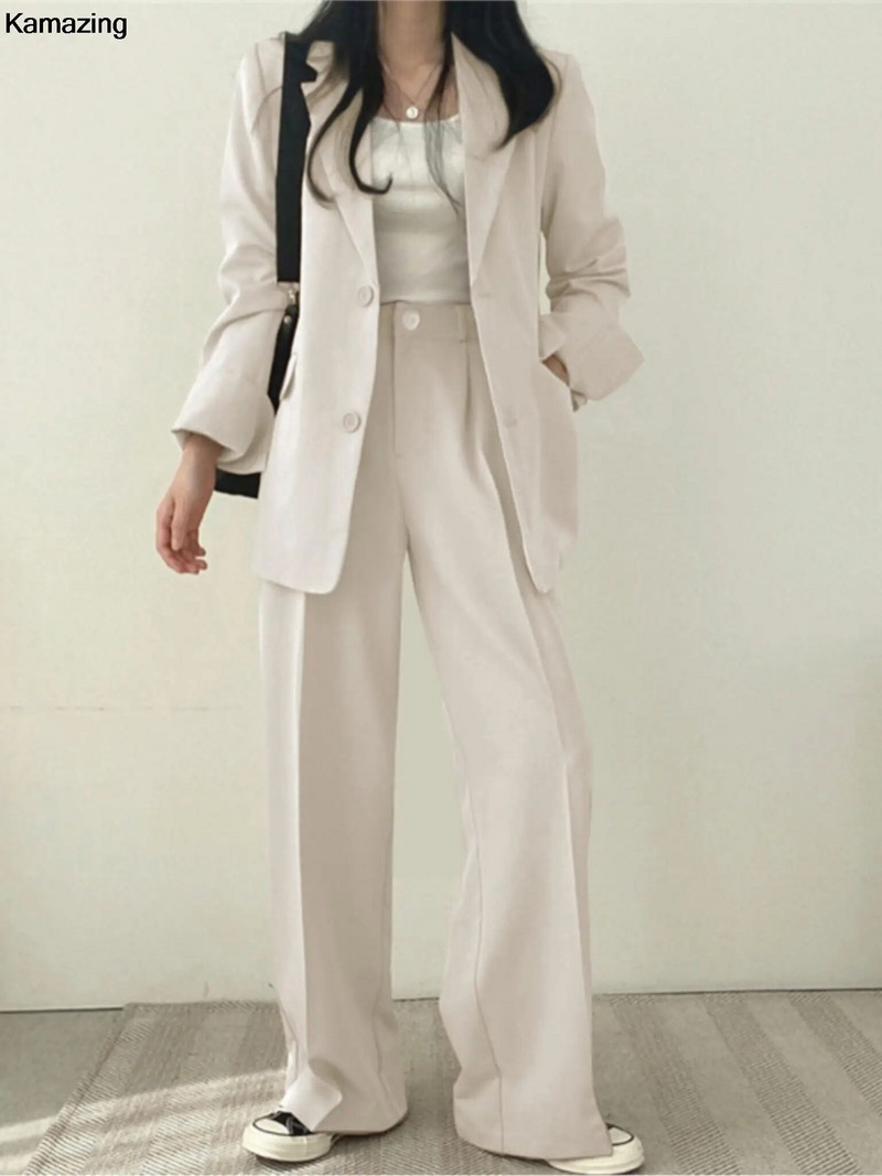 Korejas biroja dāmu modes žakete uzvalks sieviešu divdaļīgs komplekts gadījuma pogas jaka platas bikses tērpi darba apģērbi rudens jaunums