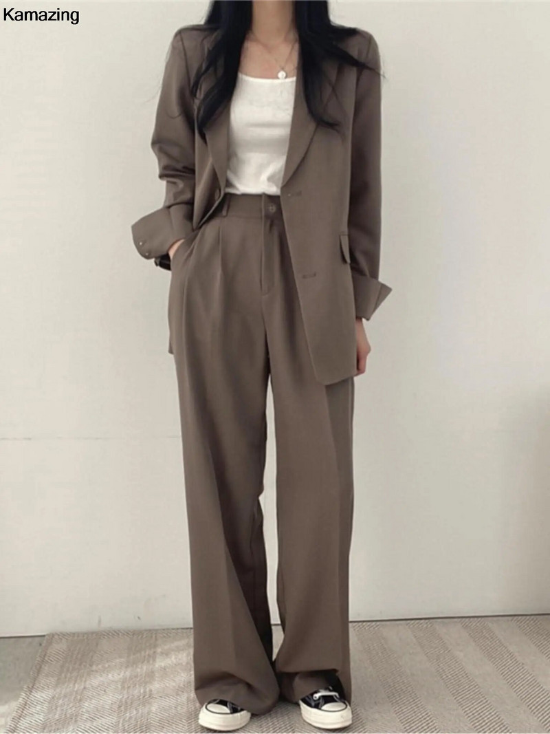 Korejas biroja dāmu modes žakete uzvalks sieviešu divdaļīgs komplekts gadījuma pogas jaka platas bikses tērpi darba apģērbi rudens jaunums