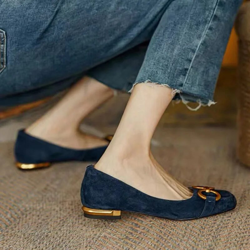 Jauni sieviešu dzīvokļi, mākslīgās zamšādas apavi ar plakaniem apaviem Sieviešu laivu apavi Metāla zelta papēži Kleita Apavi Biroja Zapatos Mujer Spring 1188N