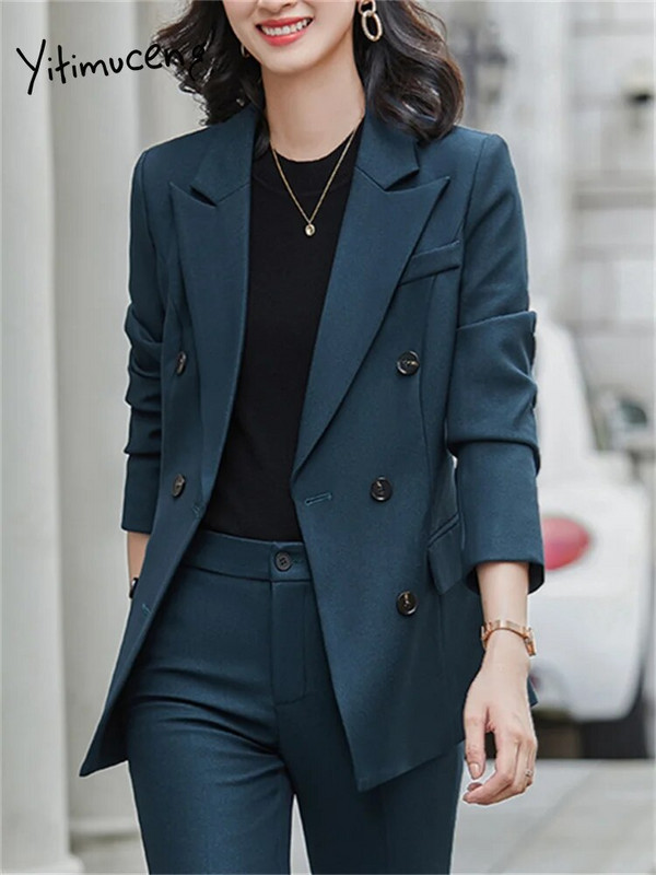 Yitimucengi kontori naiste kaheosalised komplektid naiste 2023. aasta riietus, kaherealine, allapoole kraega bleiser, kõrge vöökohaga massiivsed pükskostüümid