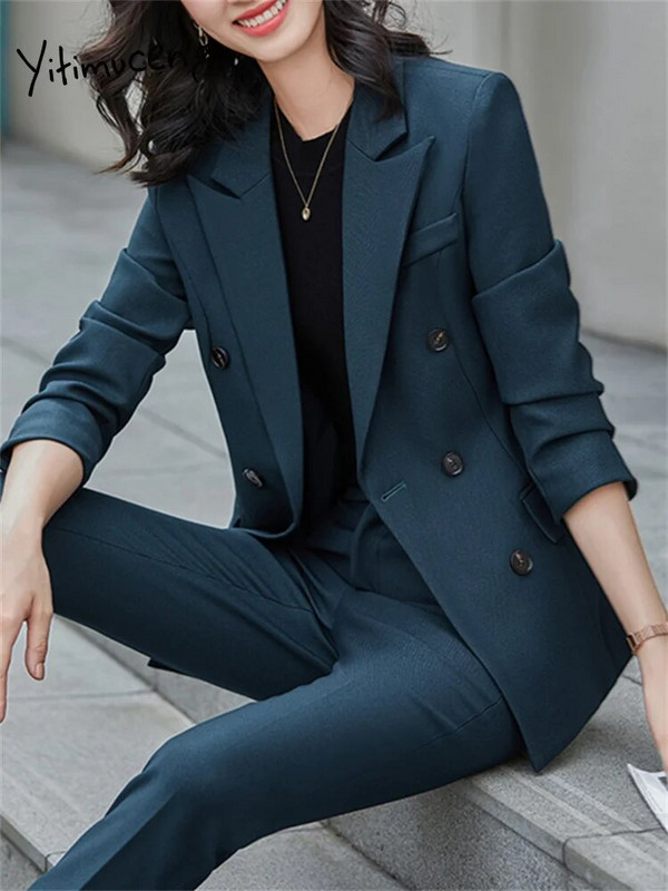 Yitimucengi kontori naiste kaheosalised komplektid naiste 2023. aasta riietus, kaherealine, allapoole kraega bleiser, kõrge vöökohaga massiivsed pükskostüümid