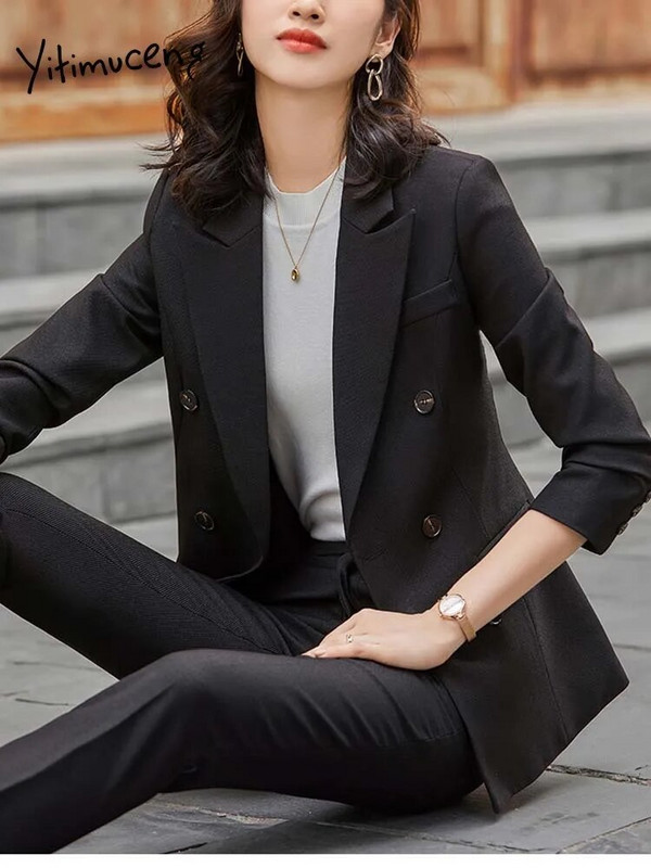 Yitimucengi kontori naiste kaheosalised komplektid naiste 2023. aasta riietus, kaherealine, allapoole kraega bleiser, kõrge vöökohaga massiivsed pükskostüümid