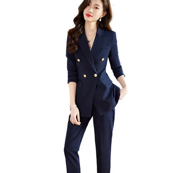 2023 Νέο κομψό γυναικείο κοστούμι μπλε γκρι μαύρο σακάκι και παντελόνι 2 τεμαχίων Επίσημο σετ παντελόνι γραφείου Γυναικεία επαγγελματική εργασία