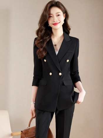 2023 Νέο κομψό γυναικείο κοστούμι μπλε γκρι μαύρο σακάκι και παντελόνι 2 τεμαχίων Επίσημο σετ παντελόνι γραφείου Γυναικεία επαγγελματική εργασία