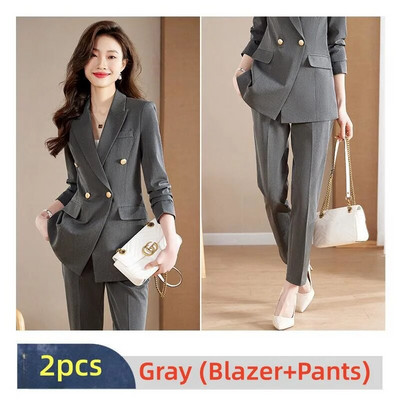 2023. gada jauns, elegants sieviešu uzvalks, zils pelēks, melns žakete un bikšu 2 daļīgs komplekts, formāls biroja sieviešu biznesa apģērbu bikšu komplekti
