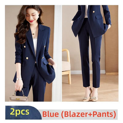 2023. gada jauns, elegants sieviešu uzvalks, zils pelēks, melns žakete un bikšu 2 daļīgs komplekts, formāls biroja sieviešu biznesa apģērbu bikšu komplekti