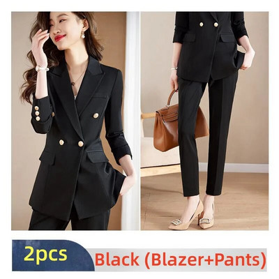 2023. gada jauns, elegants sieviešu uzvalks, zils pelēks, melns žakete un bikšu 2 daļīgs komplekts, formāls biroja sieviešu biznesa apģērbu bikšu komplekti