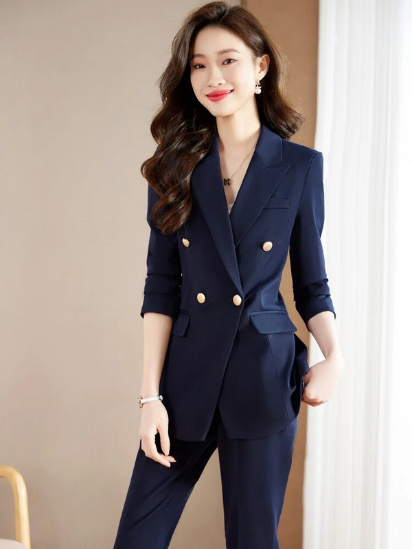 2023. gada jauns, elegants sieviešu uzvalks, zils pelēks, melns žakete un bikšu 2 daļīgs komplekts, formāls biroja sieviešu biznesa apģērbu bikšu komplekti