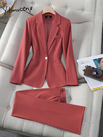 Yitimuceng casual γυναικεία κοστούμια σετ γραφείου 2023 Νέα μακρυμάνικη γιακά με μονό κουμπί Φαρδιά κοστούμια παντελόνι