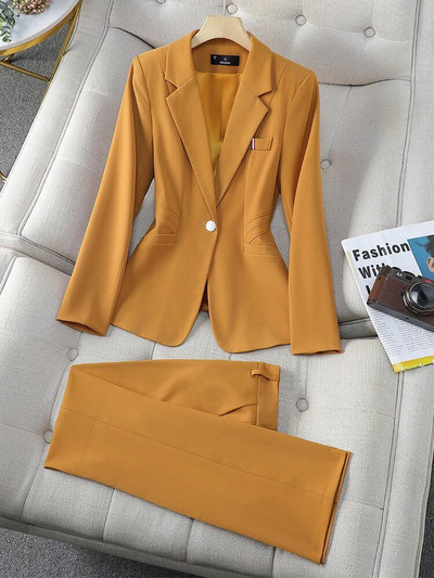 Yitimuceng ikdienas sieviešu uzvalku biroja komplekti 2023. gada jauni nolaižami apkakles bikses ar garām piedurknēm, ar vienu pogu žakete