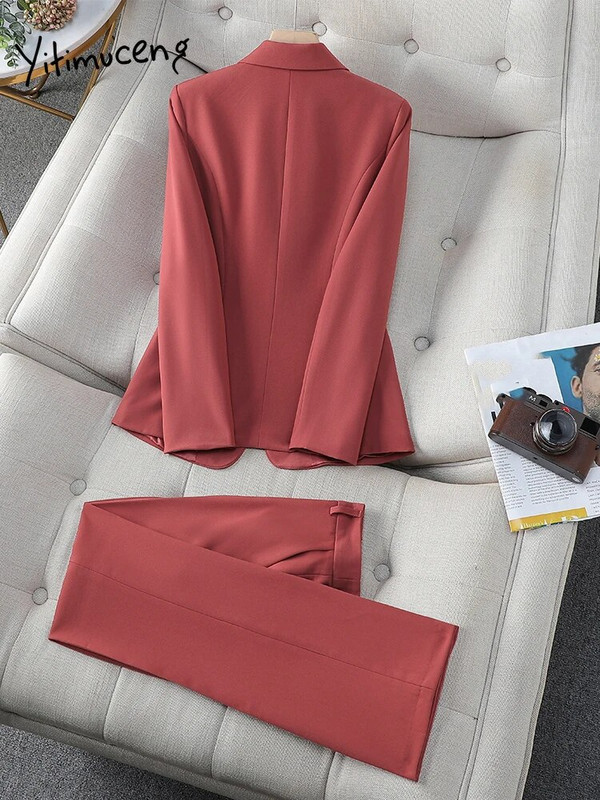 Yitimuceng ikdienas sieviešu uzvalku biroja komplekti 2023. gada jauni nolaižami apkakles bikses ar garām piedurknēm, ar vienu pogu žakete