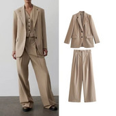 TRAF Jesenski komplet hlača Žensko novo odijelo 2023. Modni ravni Hlače visokog struka sa širokim nogavicama Blazer Ženski komplet Chic uredski 2-dijelni set