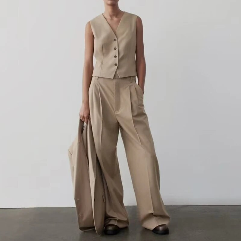 TRAF Jesenski komplet hlača Žensko novo odijelo 2023. Modni ravni Hlače visokog struka sa širokim nogavicama Blazer Ženski komplet Chic uredski 2-dijelni set