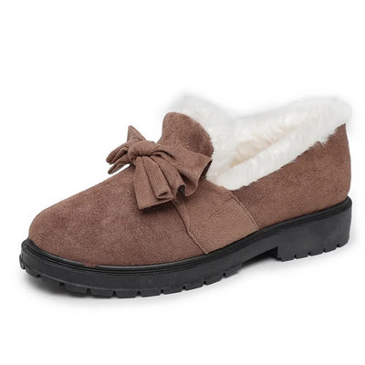 Bow Knot Plīša kokvilnas apavi Mākslīgās zamšādas sekla, uzvelkama apaļa purngala sieviešu plakana zole, īsa caurule, kokvilnas zābaki, vienkārši ikdienas ziemas zābaki