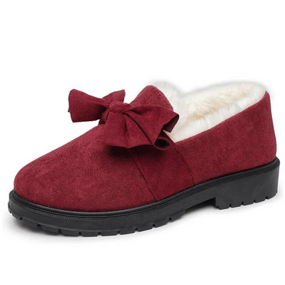 Bow Knot Plīša kokvilnas apavi Mākslīgās zamšādas sekla, uzvelkama apaļa purngala sieviešu plakana zole, īsa caurule, kokvilnas zābaki, vienkārši ikdienas ziemas zābaki