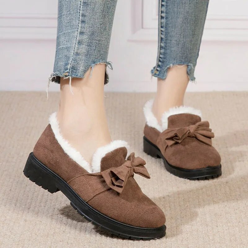 Bow Knot Plīša kokvilnas apavi Mākslīgās zamšādas sekla, uzvelkama apaļa purngala sieviešu plakana zole, īsa caurule, kokvilnas zābaki, vienkārši ikdienas ziemas zābaki