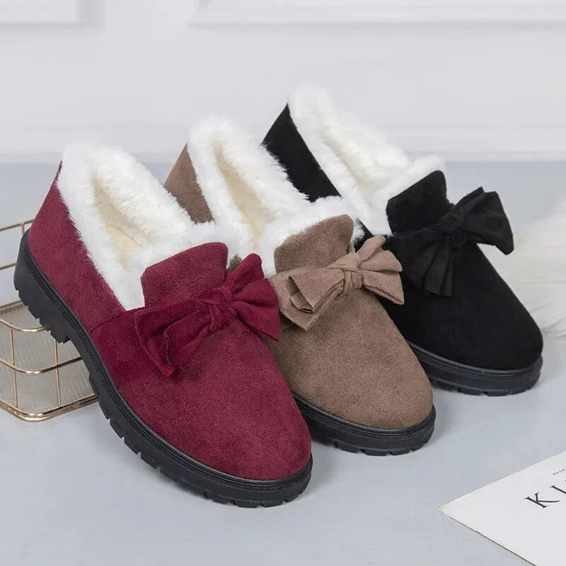Bow Knot Plīša kokvilnas apavi Mākslīgās zamšādas sekla, uzvelkama apaļa purngala sieviešu plakana zole, īsa caurule, kokvilnas zābaki, vienkārši ikdienas ziemas zābaki