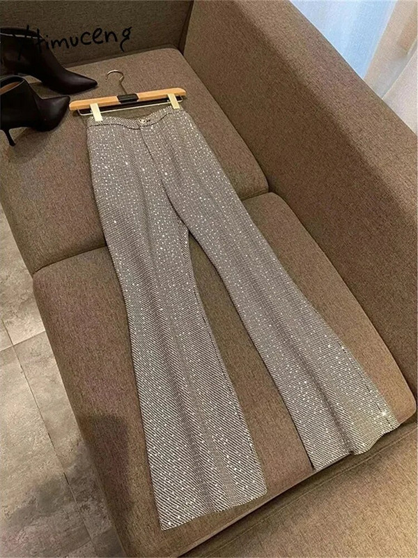 Yitimuceng Ženska odijela sa šljokicama Uredski setovi iz 2023. Modni uski sakoi s jednim dugmetom na spušteni ovratnik Vintage odijela s širokim hlačama