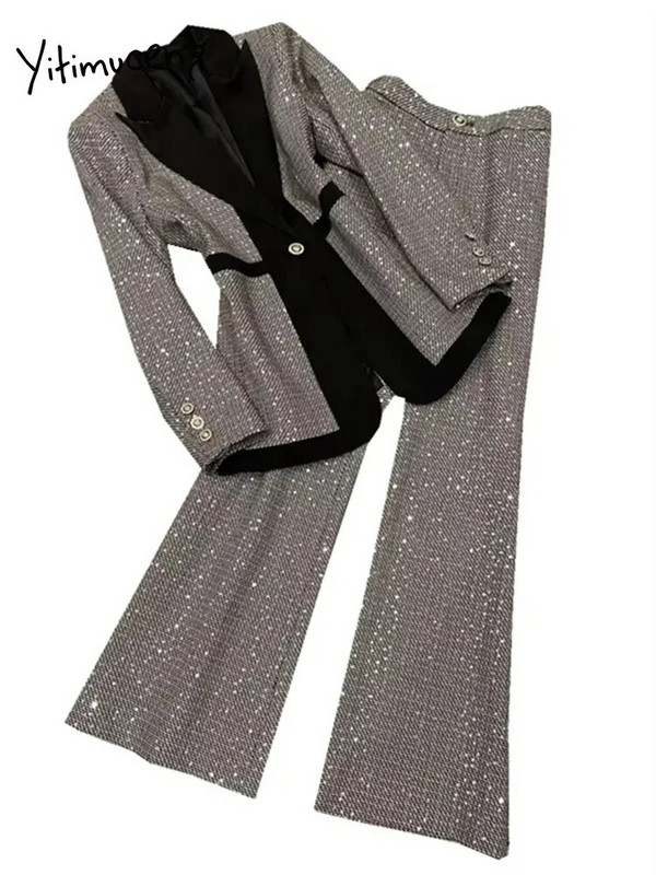 Yitimuceng Ženska odijela sa šljokicama Uredski setovi iz 2023. Modni uski sakoi s jednim dugmetom na spušteni ovratnik Vintage odijela s širokim hlačama