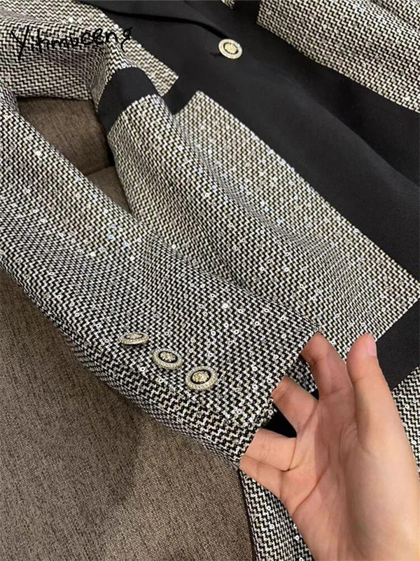 Yitimuceng Ženska odijela sa šljokicama Uredski setovi iz 2023. Modni uski sakoi s jednim dugmetom na spušteni ovratnik Vintage odijela s širokim hlačama