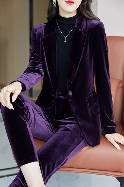Korejski visokokvalitetni baršunasti jesenski zimski formalni ženski sakoi Poslovna odijela s kompletima Radna odjeća Uredska uniforma Hlače Jakna