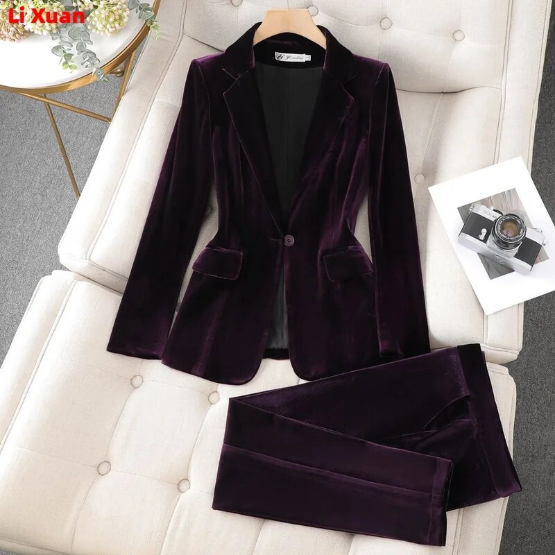 Korejski visokokvalitetni baršunasti jesenski zimski formalni ženski sakoi Poslovna odijela s kompletima Radna odjeća Uredska uniforma Hlače Jakna