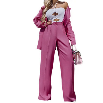 Ženski modni kompleti sakoa od 2 komada Smeđi crni dvoredni ležerni dugi sako Kaput Široke hlače Ženski crveni šik komplet hlača