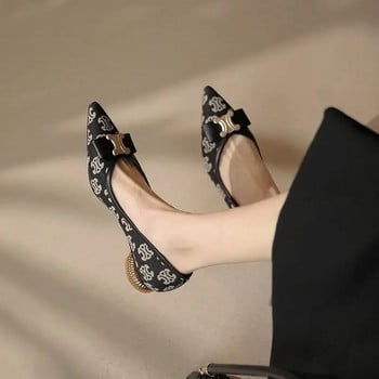 Дамски обувки на висок ток със среден ток, пролет, есен 2023 г., метална катарама, ток във френски стил, с плитка уста, заострена папийонка, женски обувки