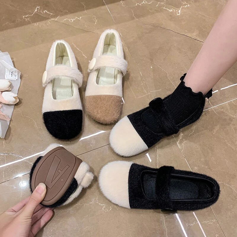 Jaunas ziemas sieviešu, plakanas, kokvilnas polsterētas Mary Jane kurpes Modes Sieviešu komforta apavi, kas uztur siltumu, plakani sieviešu plīša ikdienas āra apavi