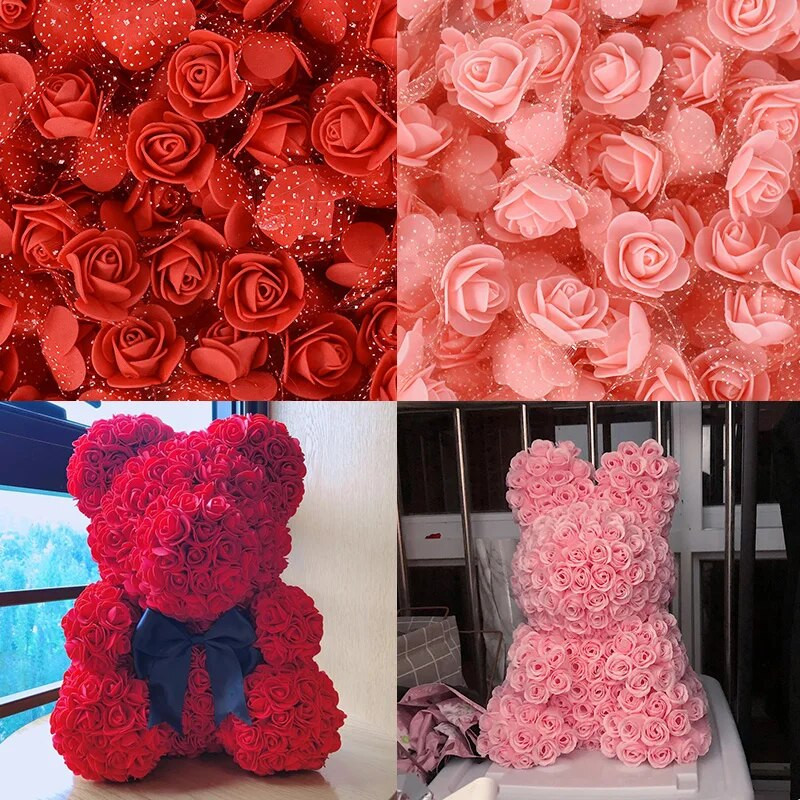 200/100kom 2cm pjenasti medvjed ruža s tilom Mini glava od umjetnog cvijeća za vjenčanje Home Decor DIY božićni vijenac Rukotvorine