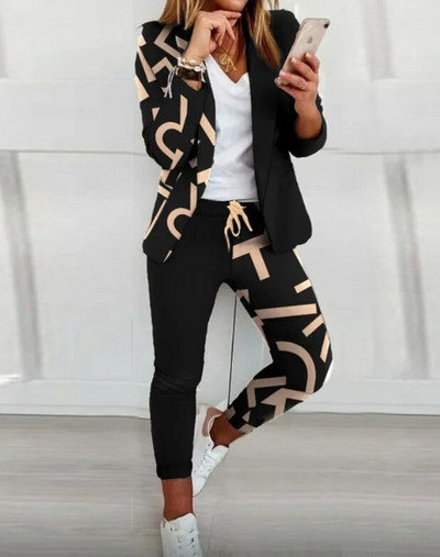 Jesenski ženski dvodijelni ležerni modni komplet odijelo Gornji kaput Pencil hlače s uzicom Ženski uredski komplet sako za posao i posao Ženski sako