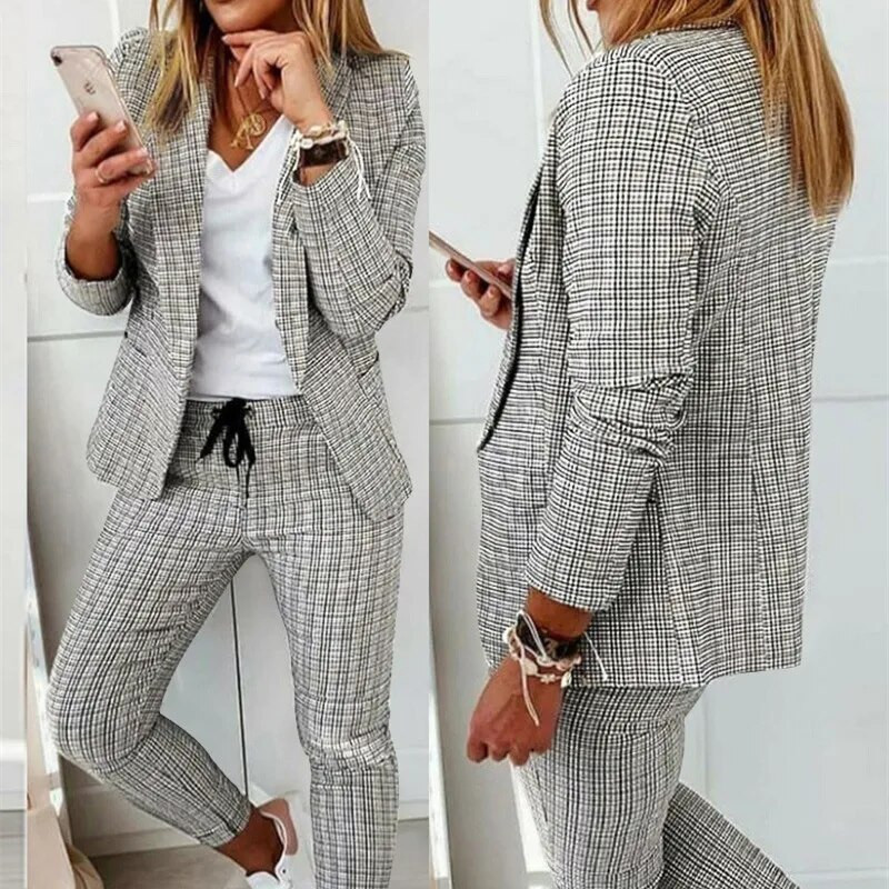 Jesenski ženski dvodijelni ležerni modni komplet odijelo Gornji kaput Pencil hlače s uzicom Ženski uredski komplet sako za posao i posao Ženski sako