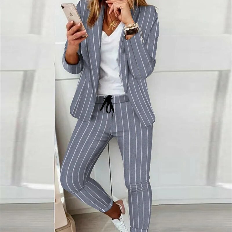 Jesenski ženski dvodijelni ležerni modni komplet odijelo Gornji kaput Pencil hlače s uzicom Ženski uredski komplet sako za posao i posao Ženski sako