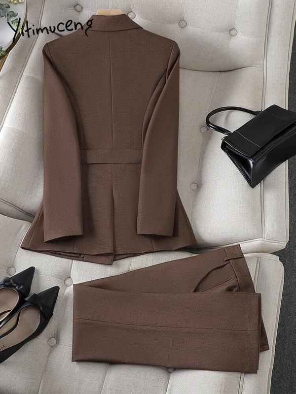 Yitimuceng Jesen Zima 2023 Nova odijela s hlačama za žene Sako sako dugih rukava Odijela Hlače Korejski uredski ženski set od 2 komada