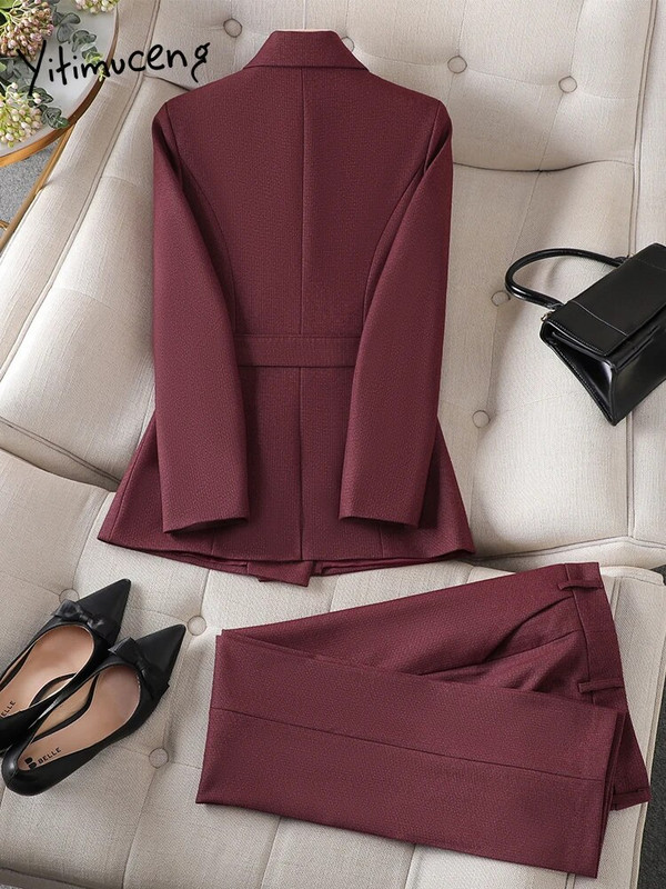 Yitimuceng Jesen Zima 2023 Nova odijela s hlačama za žene Sako sako dugih rukava Odijela Hlače Korejski uredski ženski set od 2 komada