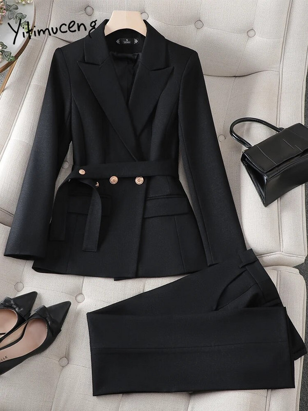 Yitimuceng Jesen Zima 2023 Nova odijela s hlačama za žene Sako sako dugih rukava Odijela Hlače Korejski uredski ženski set od 2 komada