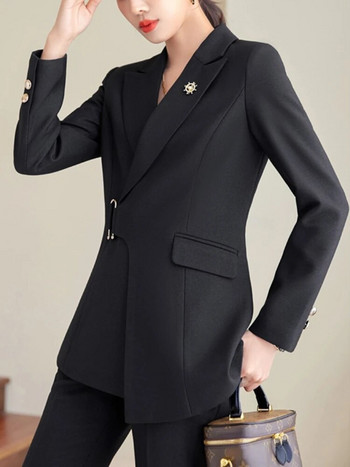 Κομψή και κομψή μόδα Κορεάτικη γυναικεία επαγγελματική κοστούμι παντελόνι με κορδόνια σακάκια γραφείου ίσιο παντελόνι γυναικείο δύο τεμάχια