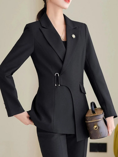 Elegantno i šik modno korejsko žensko poslovno odijelo s hlačama na vezanje Uredski sako jakne Ravno odijelo s hlačama Žensko dvodijelno odijelo