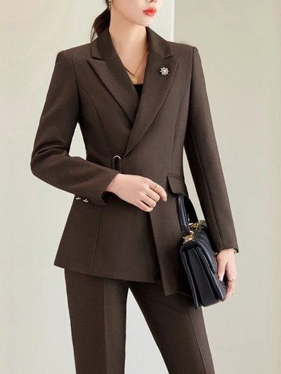 Elegantno i šik modno korejsko žensko poslovno odijelo s hlačama na vezanje Uredski sako jakne Ravno odijelo s hlačama Žensko dvodijelno odijelo