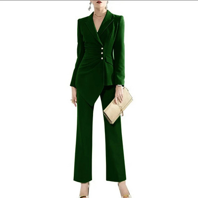 Luksuzni ženski kompleti s jednorednim kopčanjem 2023. (jakna+hlače) plisirani dizajn s preklopnim ovratnikom 2-dijelni komplet odijelo Elegantni sakoi
