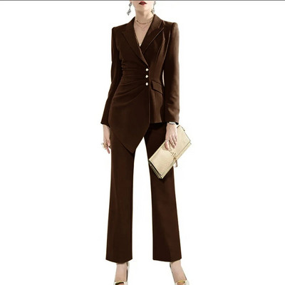 Luksuzni ženski kompleti s jednorednim kopčanjem 2023. (jakna+hlače) plisirani dizajn s preklopnim ovratnikom 2-dijelni komplet odijelo Elegantni sakoi