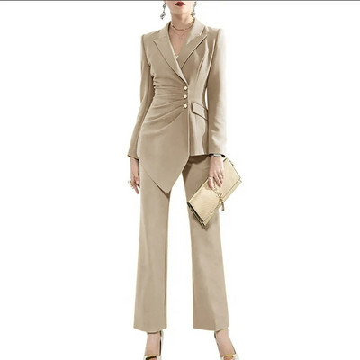 Luksuzni ženski kompleti s jednorednim kopčanjem 2023. (jakna+hlače) plisirani dizajn s preklopnim ovratnikom 2-dijelni komplet odijelo Elegantni sakoi