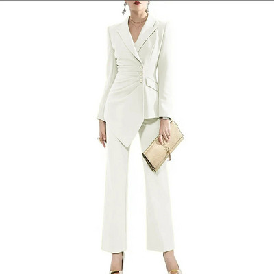 Luksuzni ženski kompleti s jednorednim kopčanjem 2023. (jakna+hlače) plisirani dizajn s preklopnim ovratnikom 2-dijelni komplet odijelo Elegantni sakoi