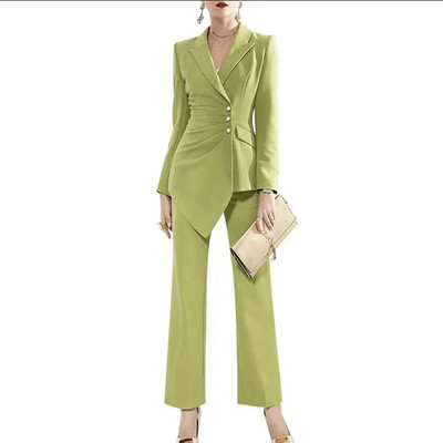 Luksuzni ženski kompleti s jednorednim kopčanjem 2023. (jakna+hlače) plisirani dizajn s preklopnim ovratnikom 2-dijelni komplet odijelo Elegantni sakoi