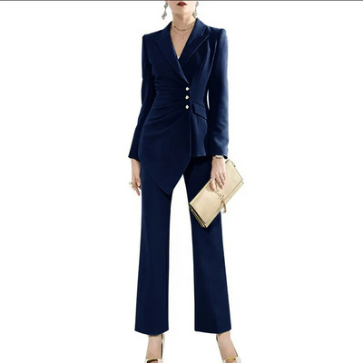 Luksuzni ženski kompleti s jednorednim kopčanjem 2023. (jakna+hlače) plisirani dizajn s preklopnim ovratnikom 2-dijelni komplet odijelo Elegantni sakoi