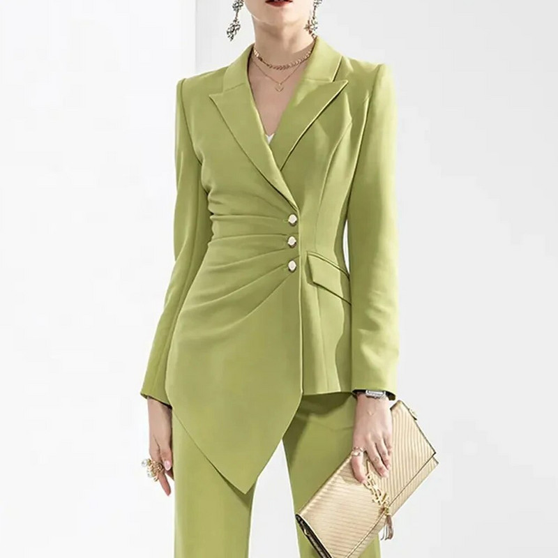 Luksuzni ženski kompleti s jednorednim kopčanjem 2023. (jakna+hlače) plisirani dizajn s preklopnim ovratnikom 2-dijelni komplet odijelo Elegantni sakoi